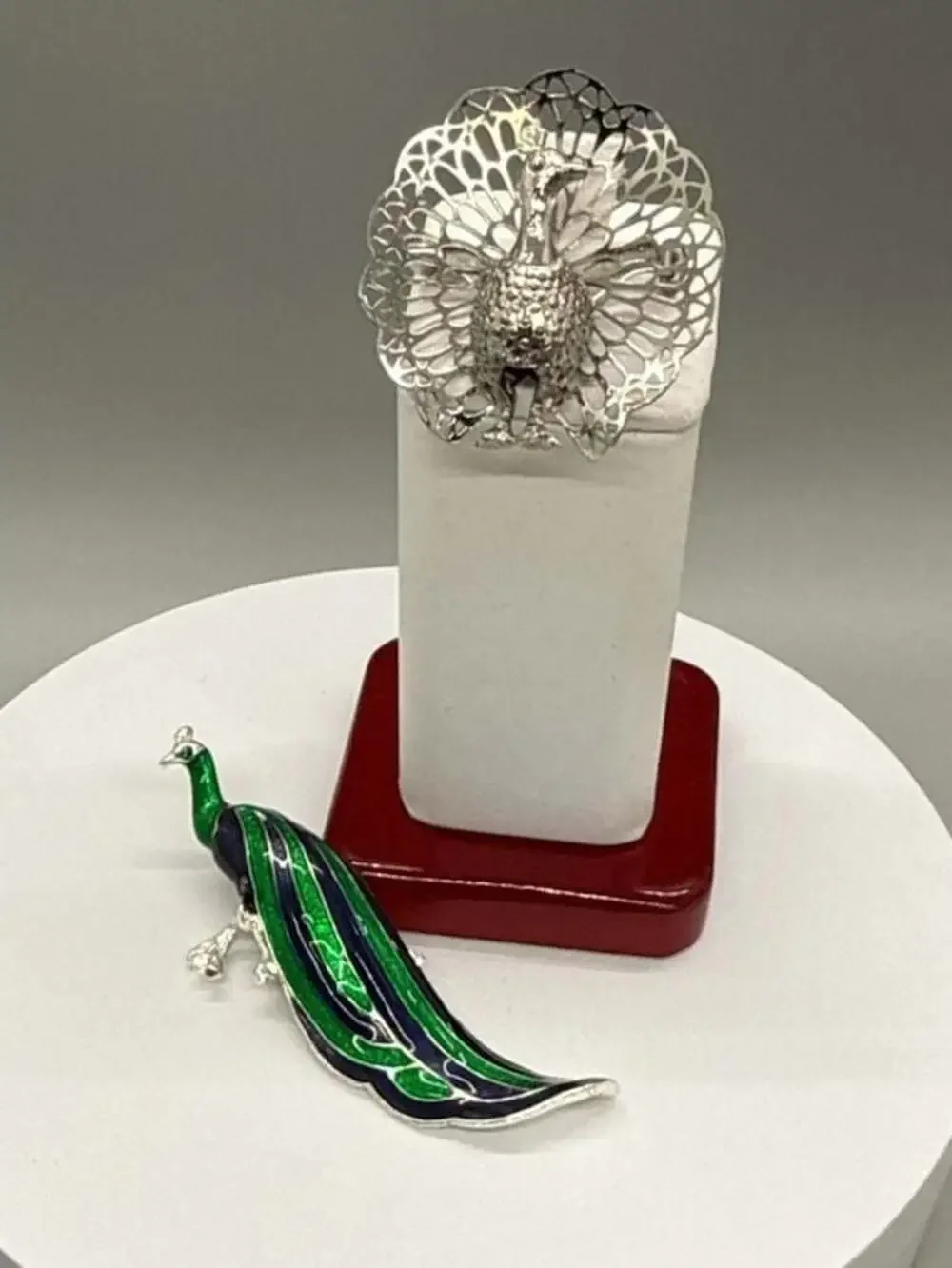 LOT Vtg Peacock Brooches Silver Tone 3D Filigree & Silver Tone Green Blue Enamel